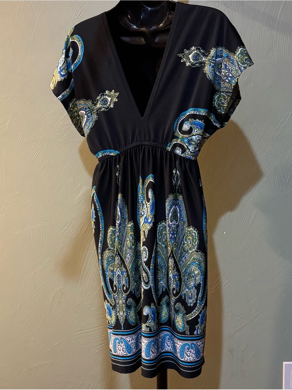 Bailey Blue Paisley V-Neck Dress Empire Waist Women's Size M Black Blue Green - Picture 10 of 13